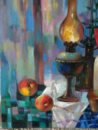 Oil painting Lamps and fruits on the table Anatoly Tarabanov