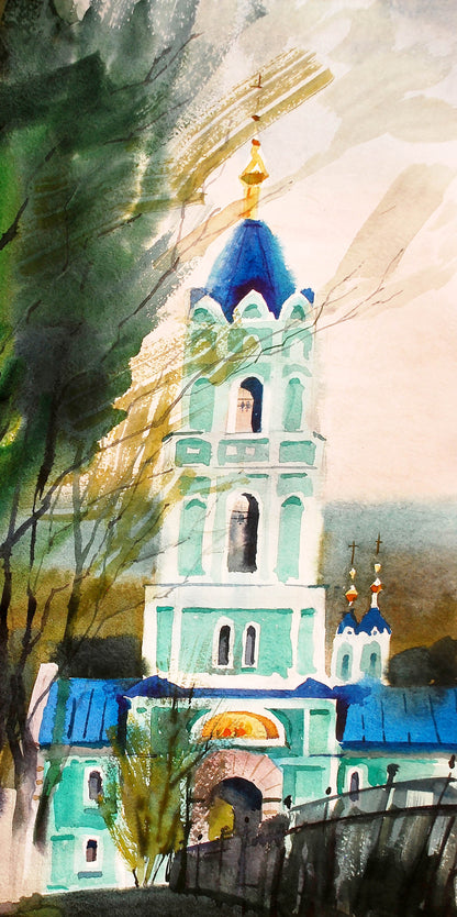 Watercolor painting Landscape with a church Egor Shvachunov