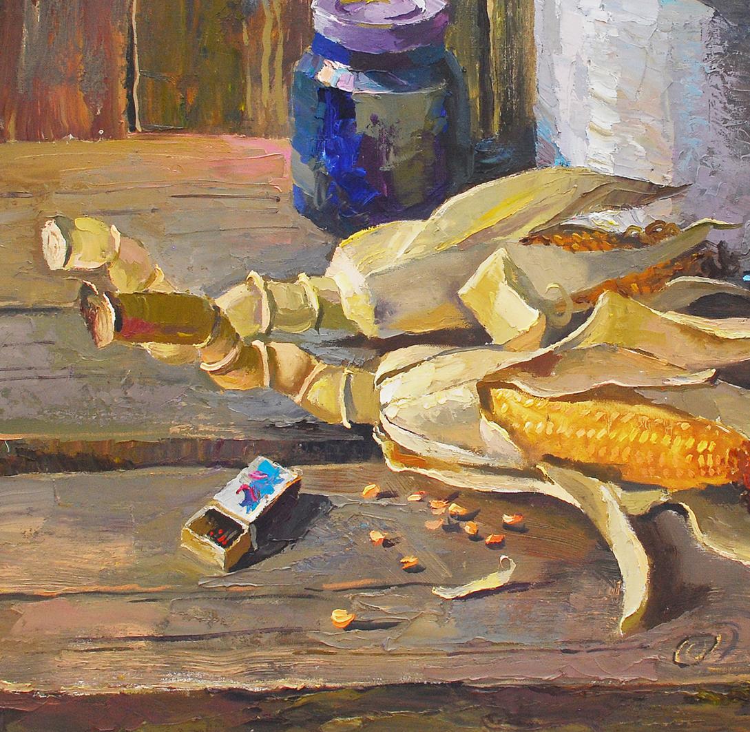 Oil painting capturing the scene of corn placed on a table by Egor Shvachunov