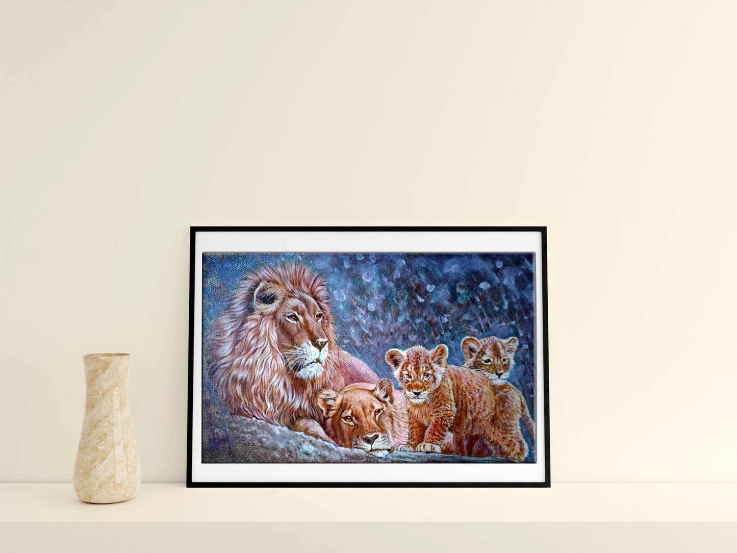 An oil artwork by Goncharenko V. V. depicting a family of lions
