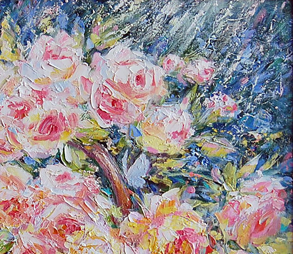 Oil painting "Basket of Pink Roses" by Artim, blooming with elegance.