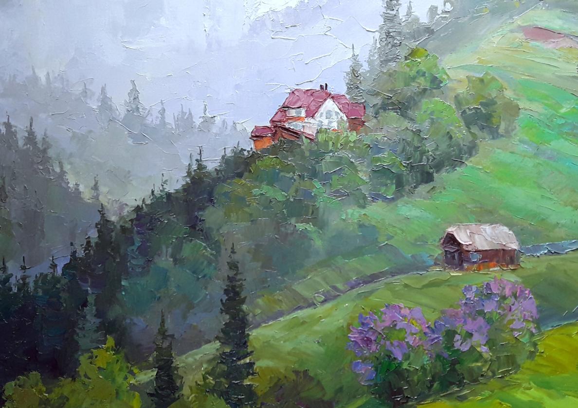 Boris Petrovich Serdyuk's depiction of rain amidst the mountains in oil paint