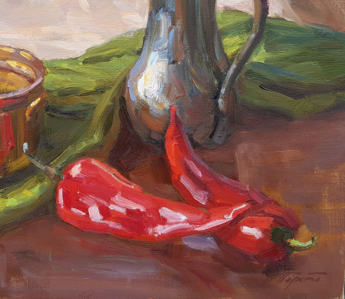 In this artwork, Pereta portrays a coffee pot and a pepper, possibly on a kitchen counter or table