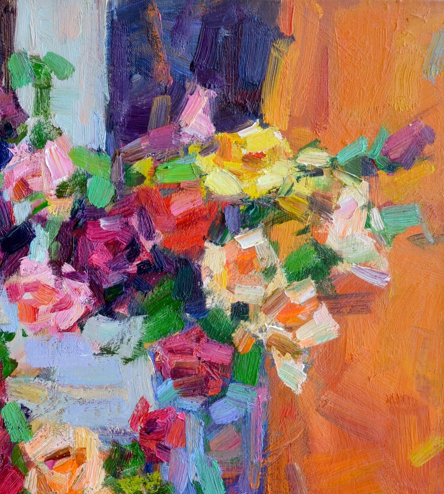 Oil painting depicting "Roses by the Window" by Vyacheslav Pereta