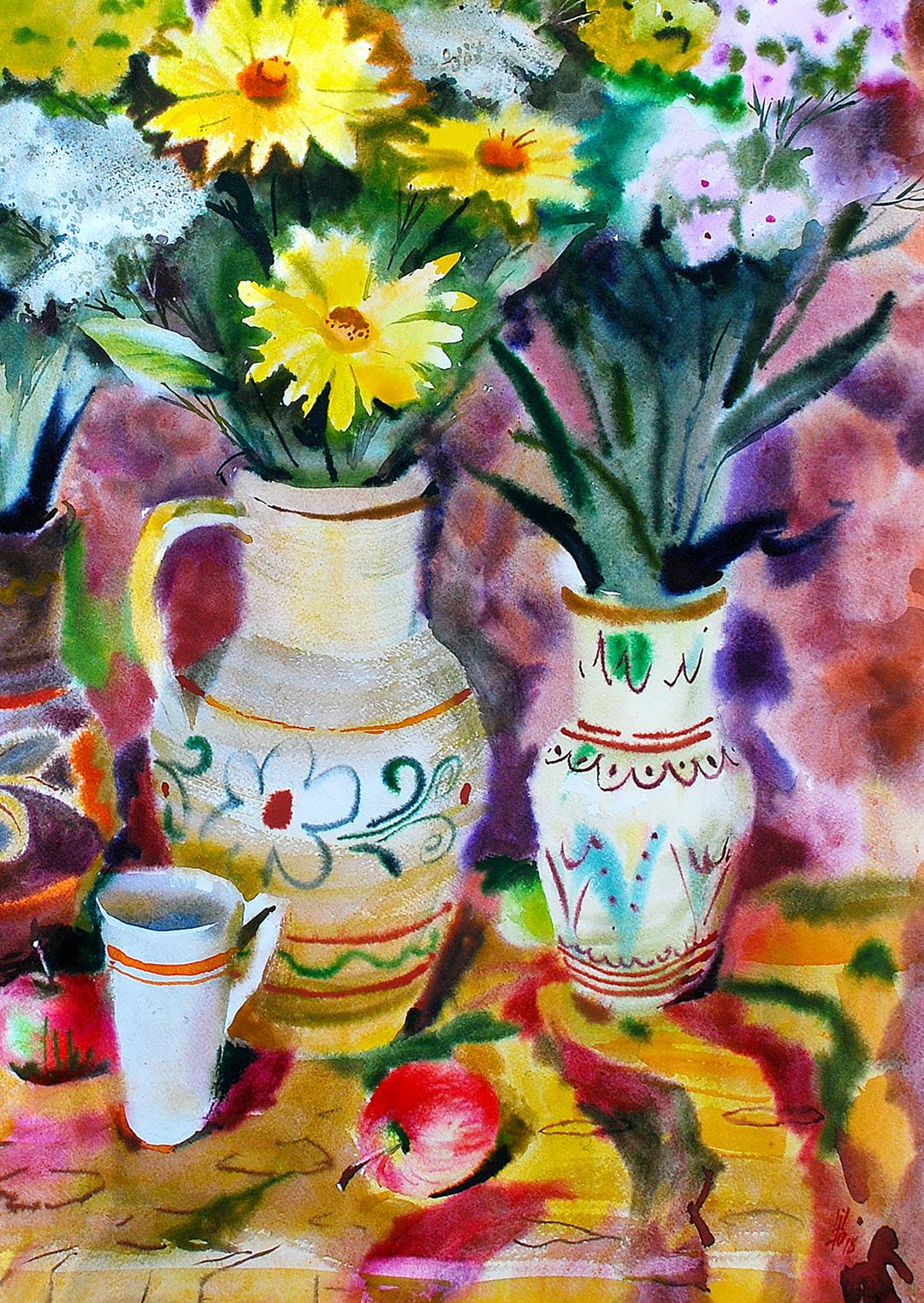 Watercolor painting Flowers on the table Egor Shvachunov