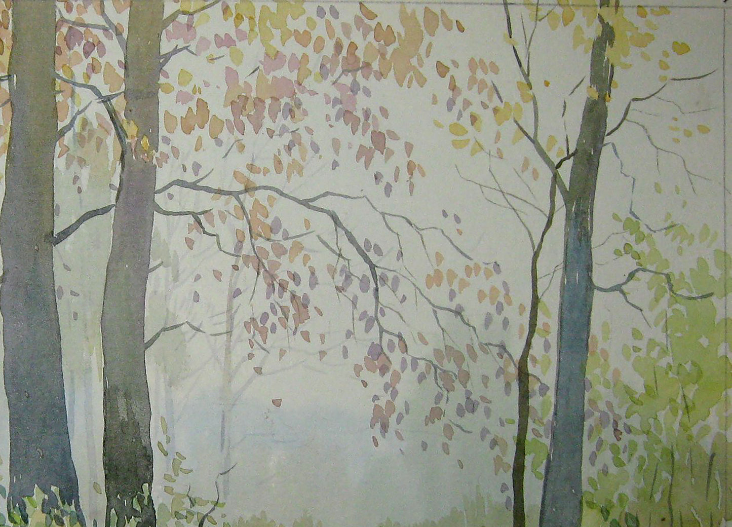 Watercolor painting Foggy forest Savenets Valery