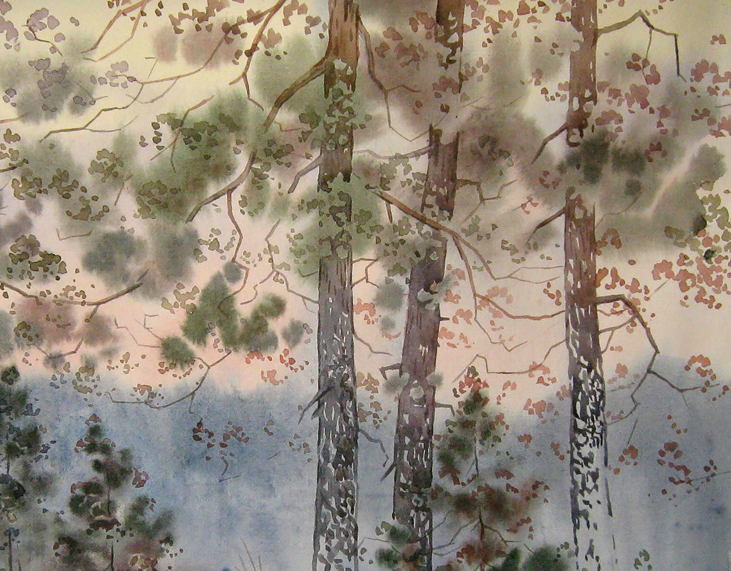 Valery Savenets' watercolor artwork "Misty Winter Forest"