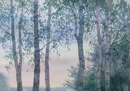 A scenic watercolor painting titled "Birches in the Forest" by Valery Savenets