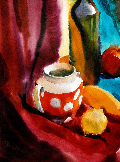 Watercolor painting Tea and fruit still life Egor Shvachunov