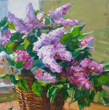 Oli painting Basket with lilacs Flowers still life Vyacheslav Pereta