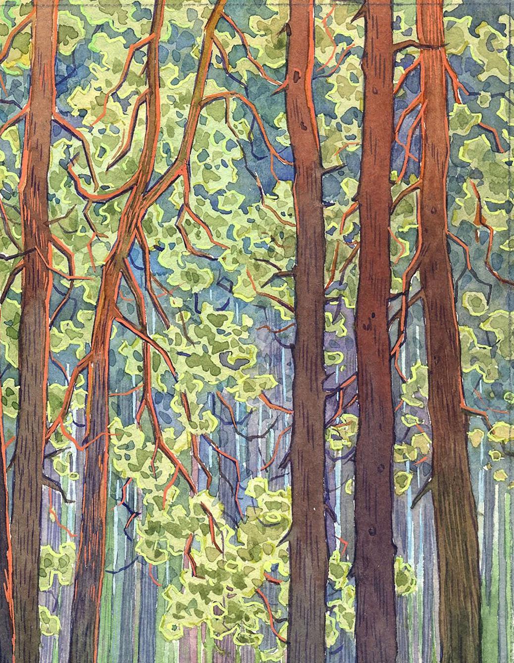 Watercolor painting In the green forest Savenets Valery