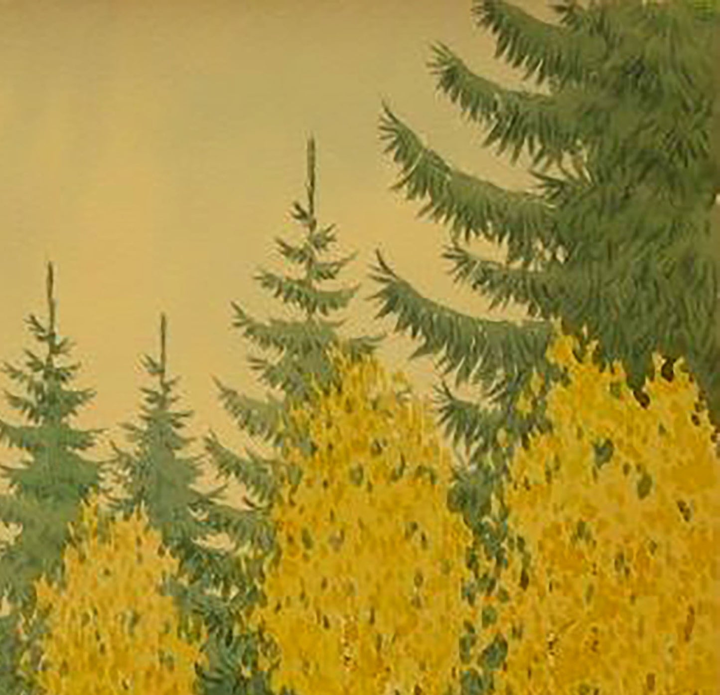 Watercolor painting Autumn green and yellow forest Valery Savenets