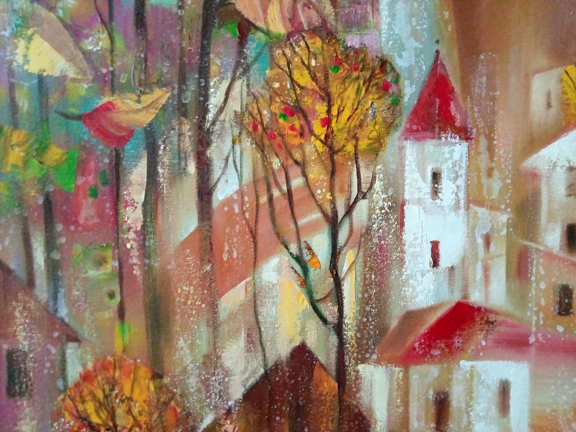 Abstract oil painting "Autumn in the City" by Borisovich Tarabanov with vibrant fall colors.