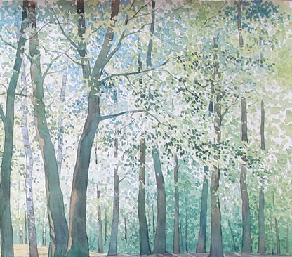 Watercolor painting Blooming forest in spring Valery Savenets