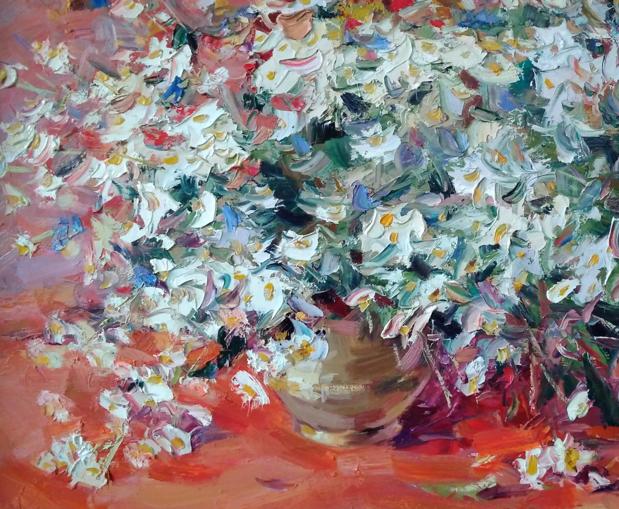 The oil painting by Alexander Nikolaevich Cherednichenko depicts daisies set against red