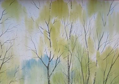 Watercolor painting Green spring trees Valery Savenets