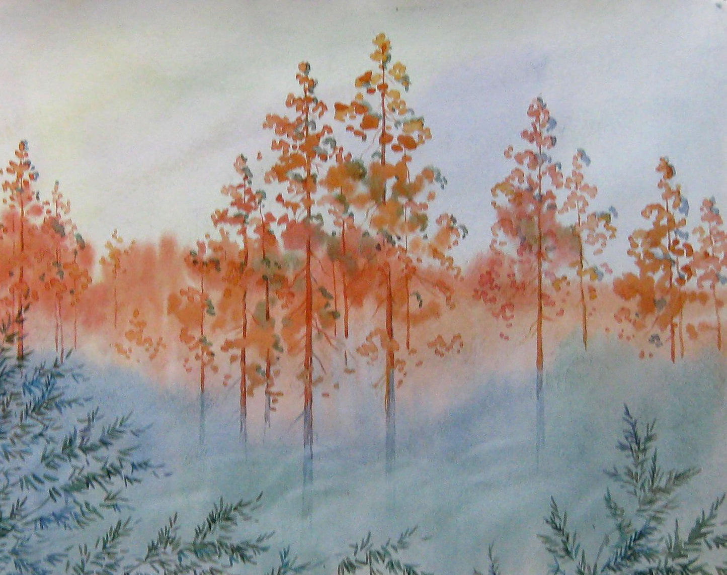 Watercolor painting depicting "Morning with Fog" by Valery Savenets