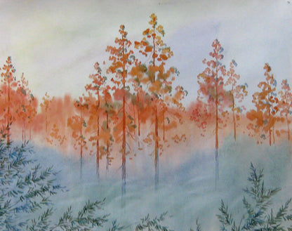 Watercolor painting depicting "Morning with Fog" by Valery Savenets
