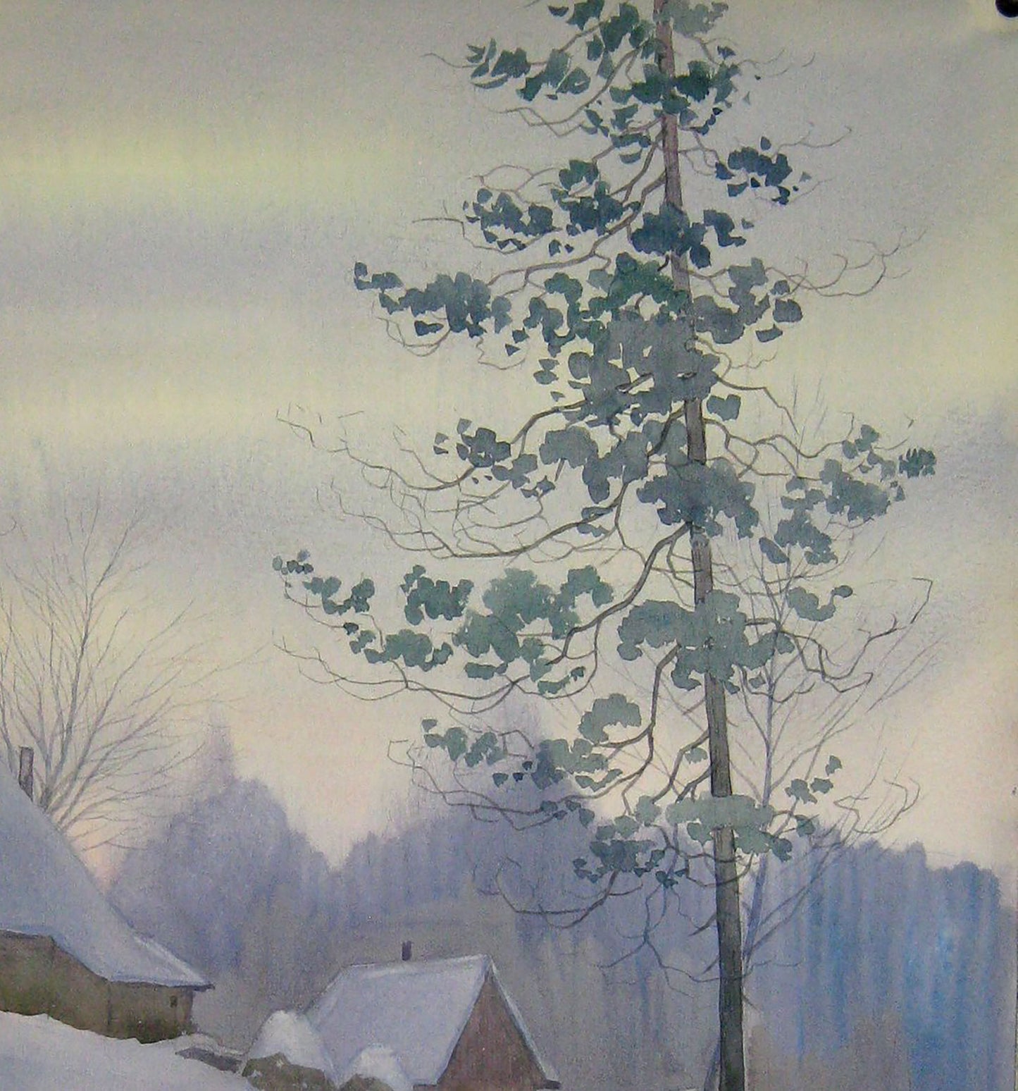 Watercolor painting Watching the winter sunset Valery Savenets