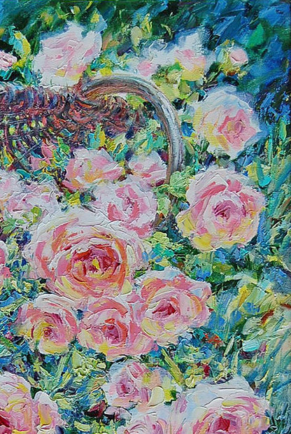 Olga Artim's oil painting captures the moment as roses tumble from a basket