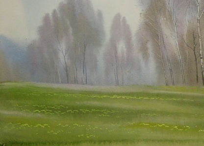 Watercolor painting April birch thicket Valery Savenets