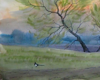 Watercolor painting Magpie near a tree Valery Savenets