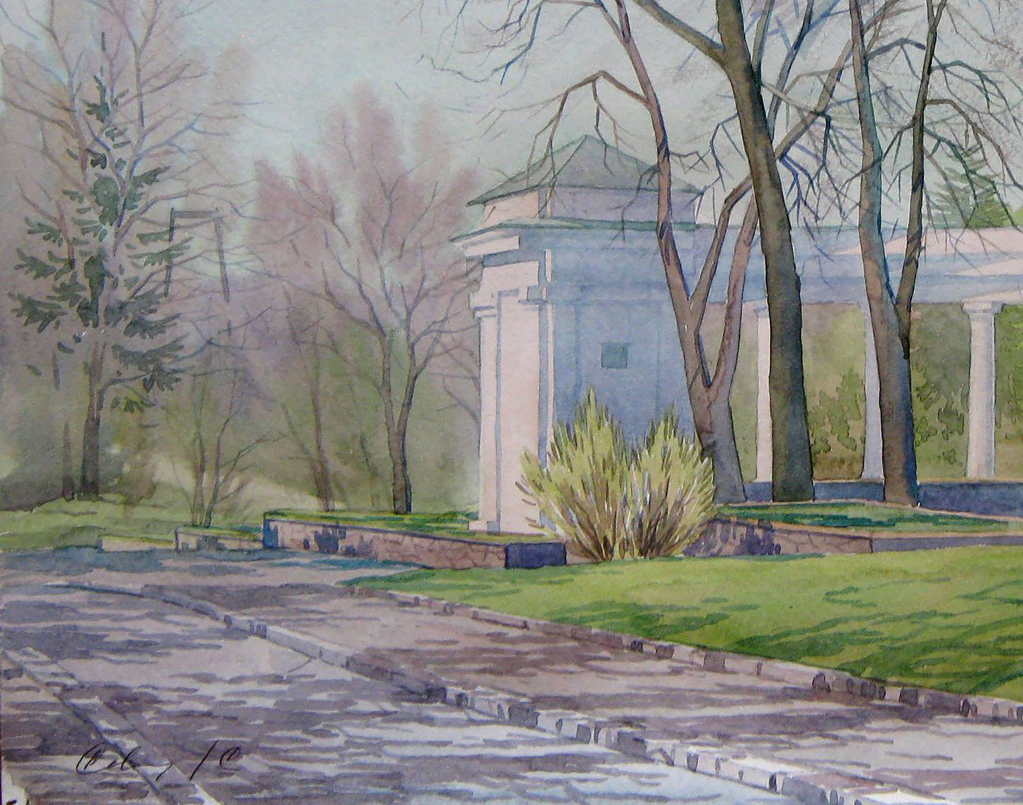 Watercolor painting Gazebo in April Park Valery Savenets