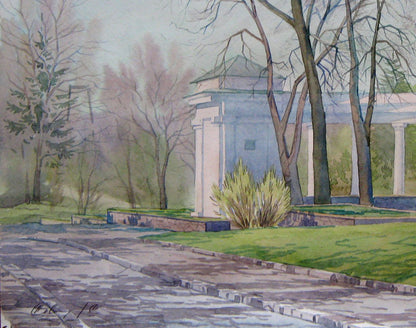 Watercolor painting Gazebo in April Park Valery Savenets