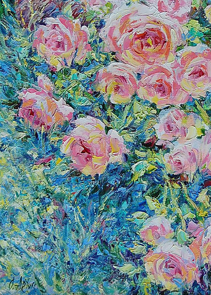 The Tumble of Roses portrayed in oil by Olga Artim