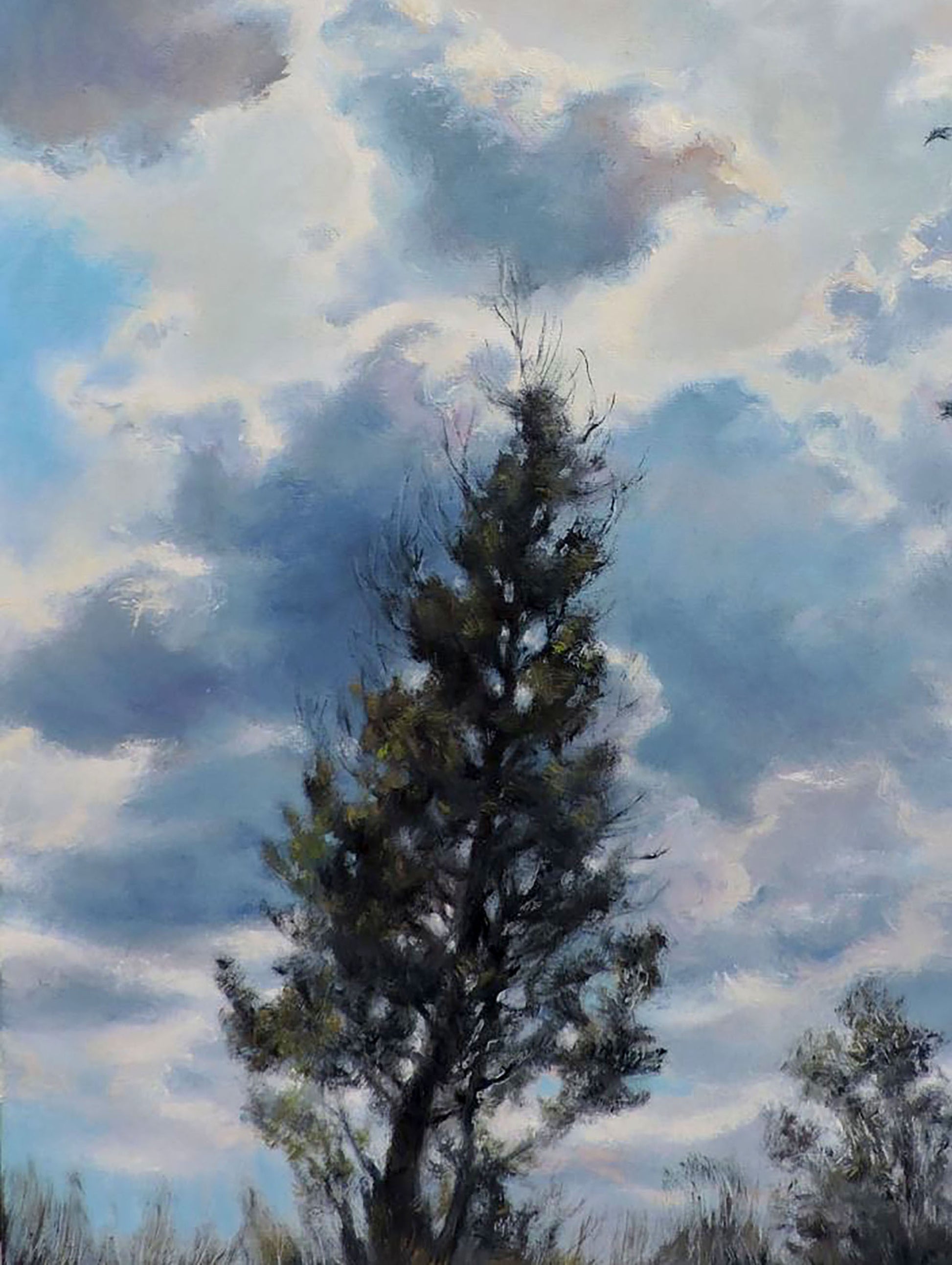 The oil painting by Olesia Osnach features a surprising sky