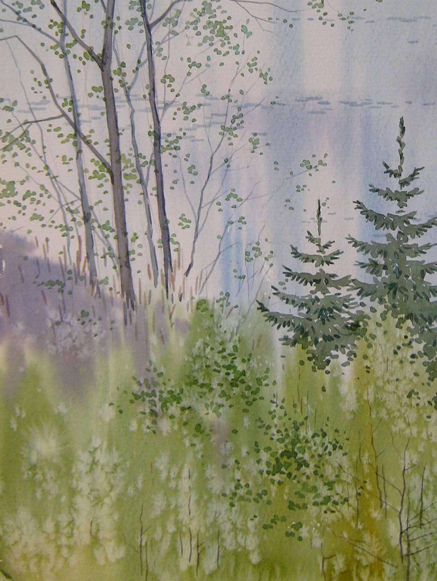 Watercolor painting April. The river overflowed Savenets Valery