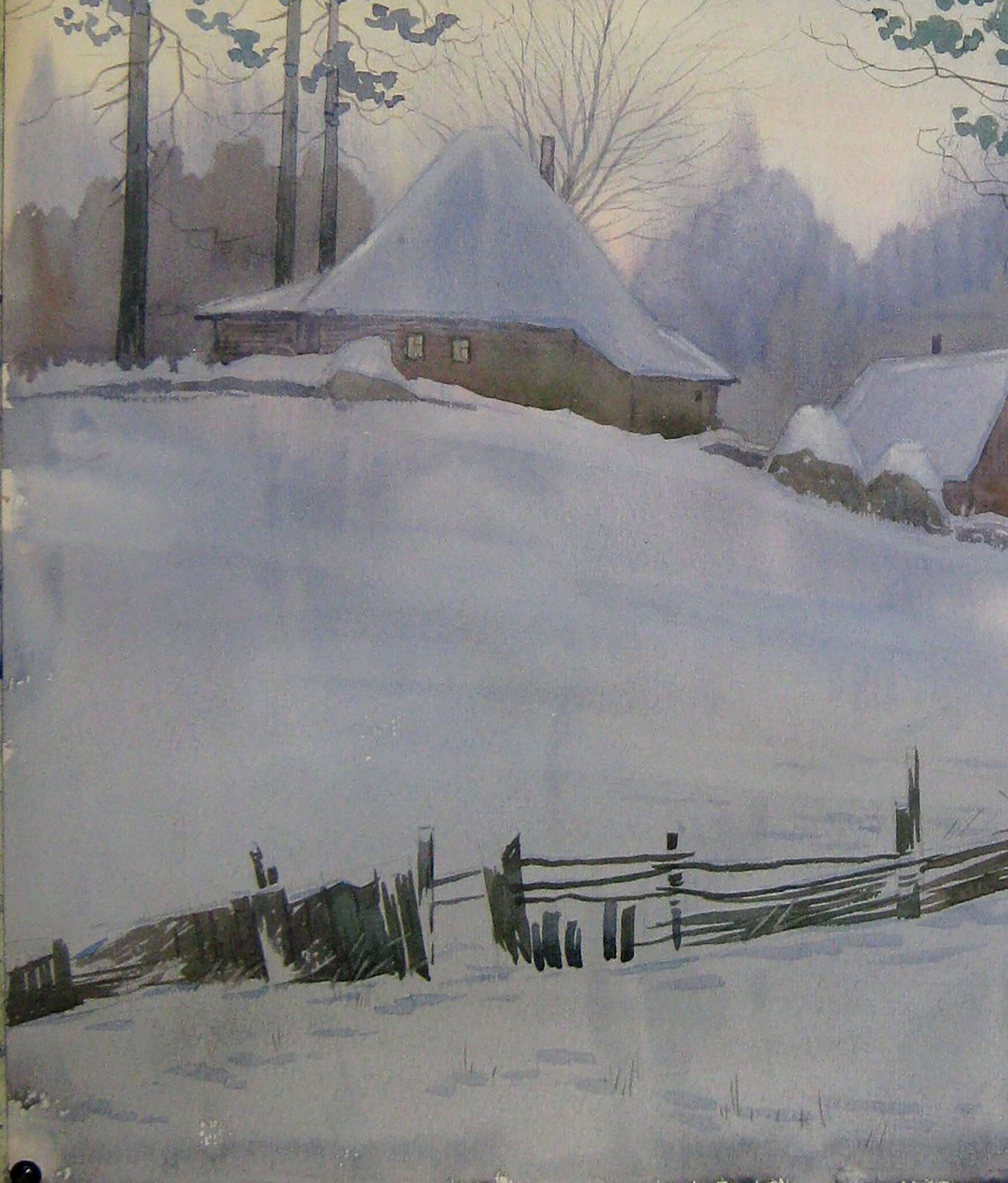 Watercolor painting Watching the winter sunset Valery Savenets