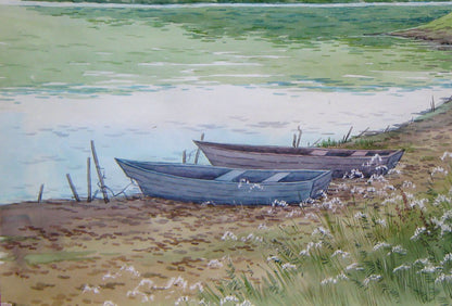 Watercolor painting Near the river. Boats Savenets Valery