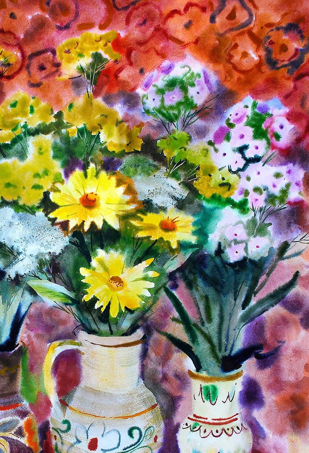 Watercolor painting Flowers on the table Egor Shvachunov