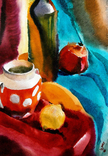 Watercolor painting Tea and fruit still life Egor Shvachunov