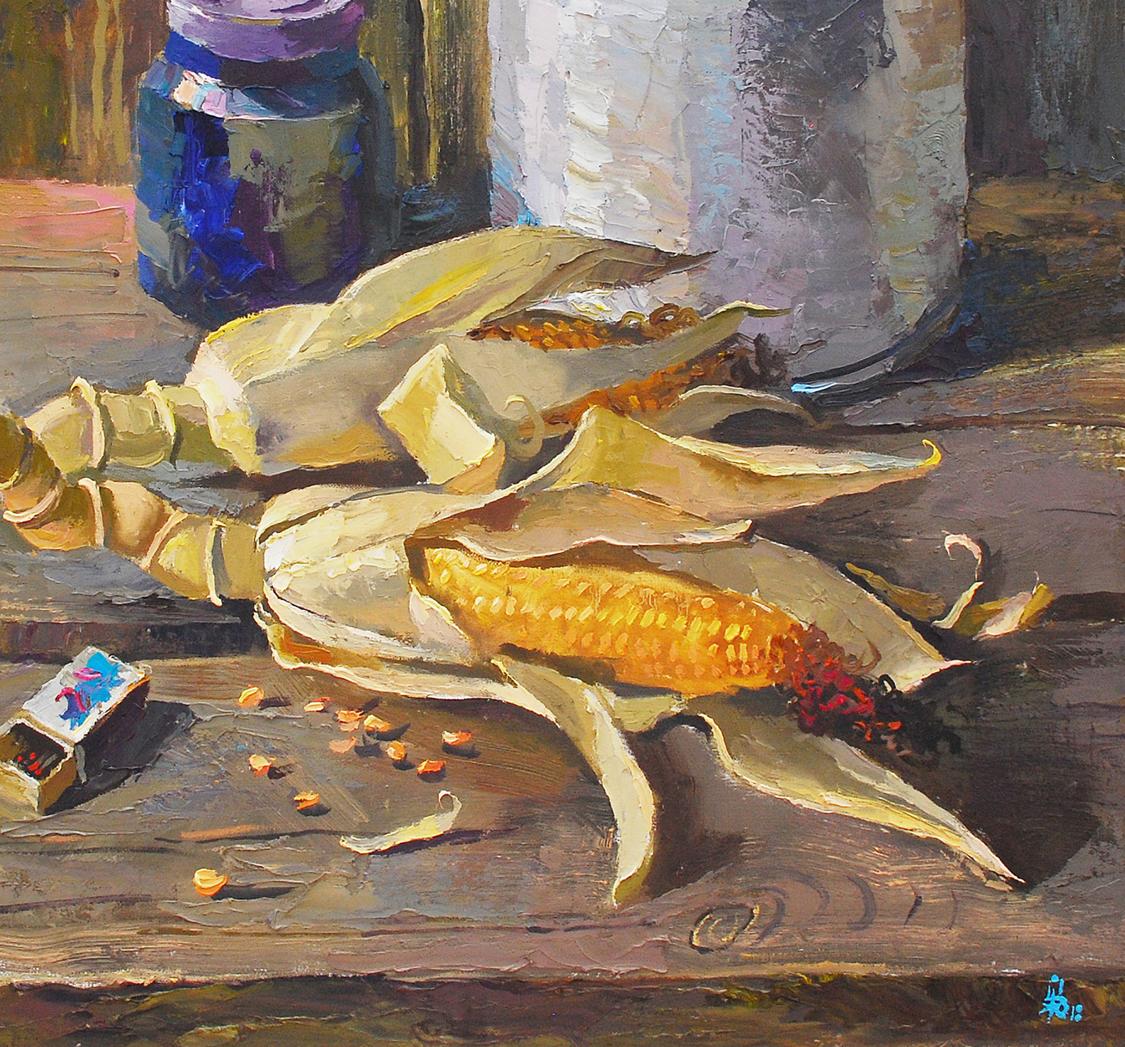 Corn on the Table depicted in oil by Egor Shvachunov