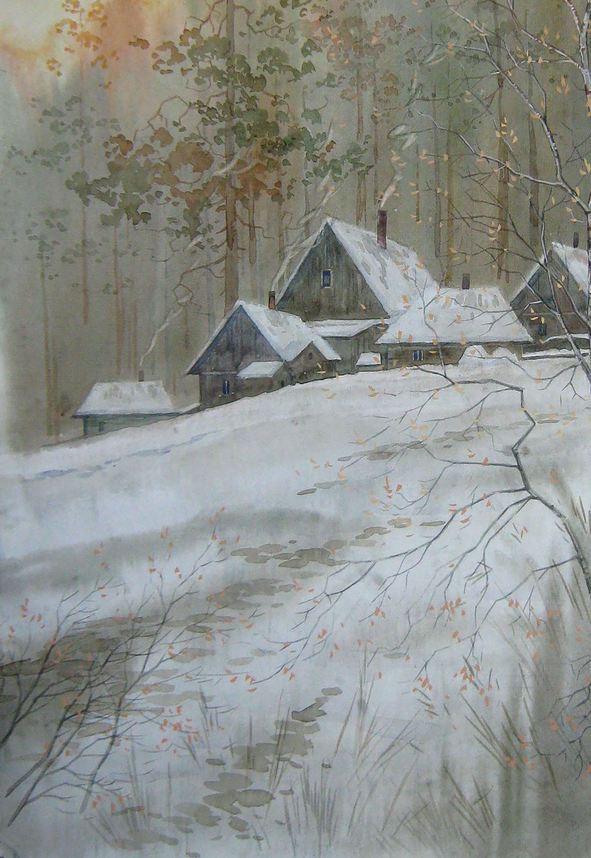 Valery Savenets' watercolor artwork titled "Cold February"