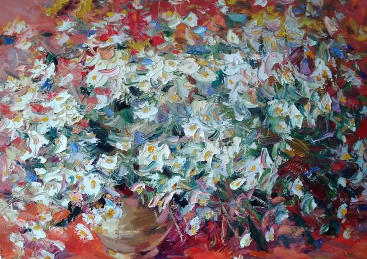 Daisies against a red surface, as captured by Alexander Nikolaevich Cherednichenko in oil