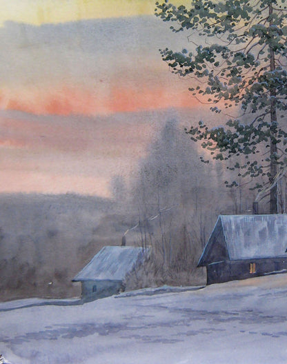 Watercolor painting Landscape with winter comfort Valery Savenets