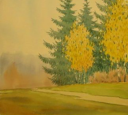 Watercolor painting Autumn green and yellow forest Valery Savenets