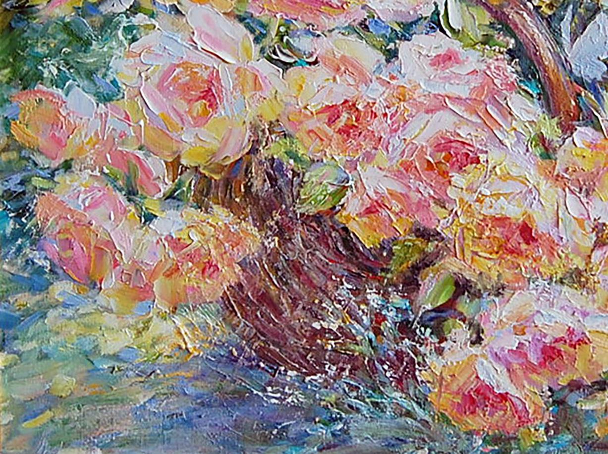 Pink Roses Basket by Olga Artim, a delightful oil masterpiece.