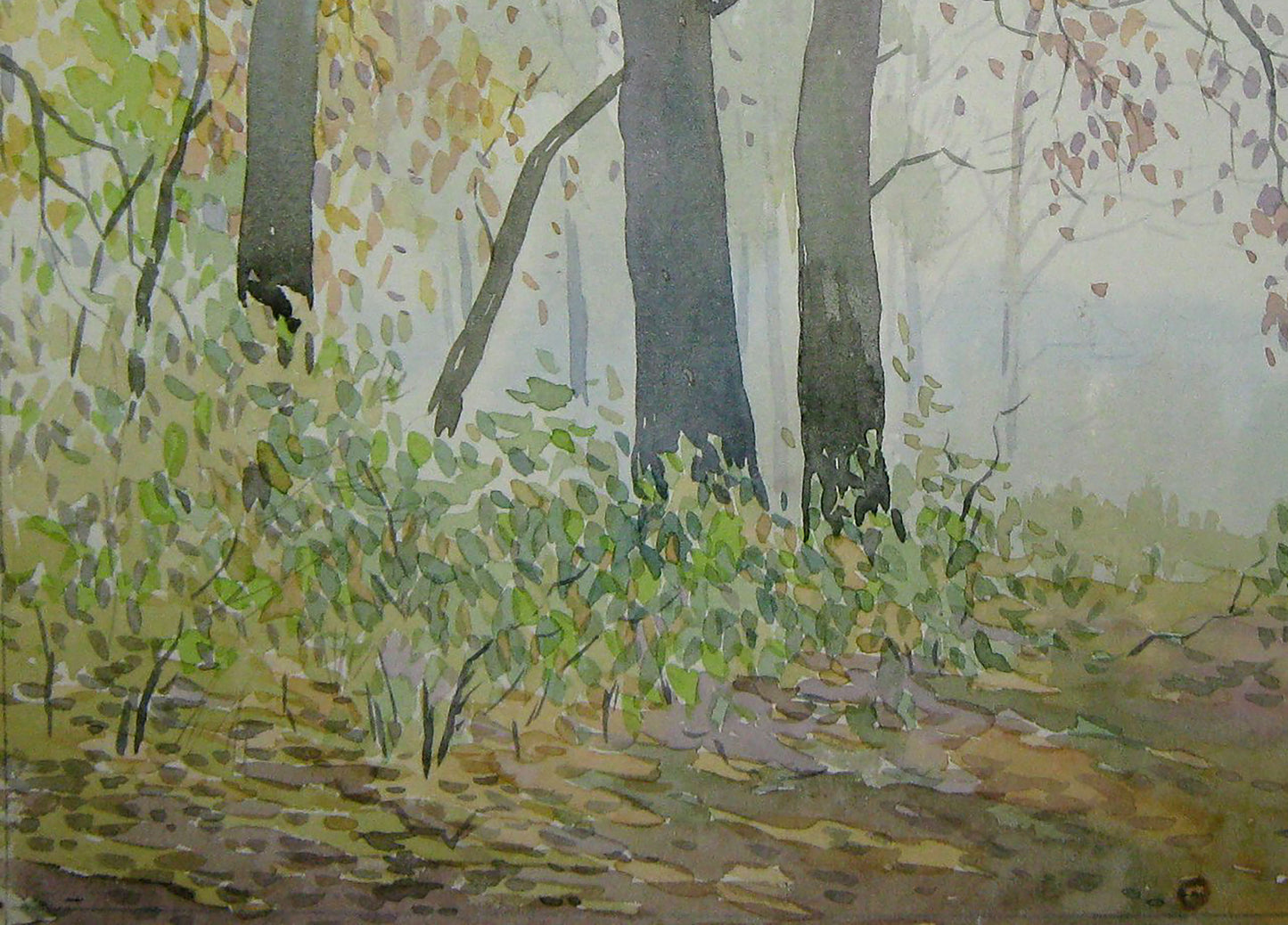 Watercolor painting Foggy forest Savenets Valery