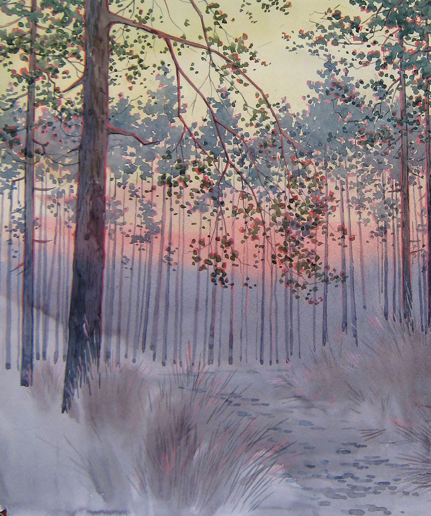 February Sunset in the Forest, a watercolor painting by Valery Savenets