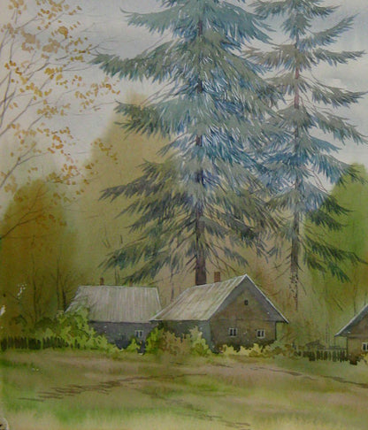 Watercolor painting Houses in the forest Valery Savenets