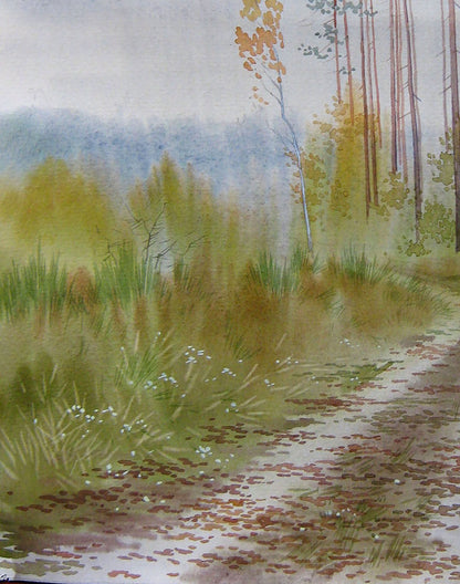 Watercolor painting Autumn road in the forest Valery Savenets