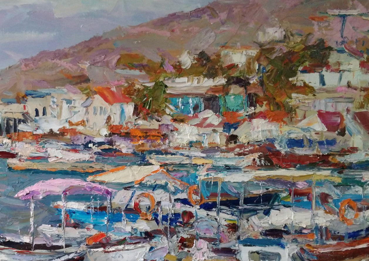 Alexander Nikolaevich Cherednichenko's oil painting capturing "Boats Near the Pier"