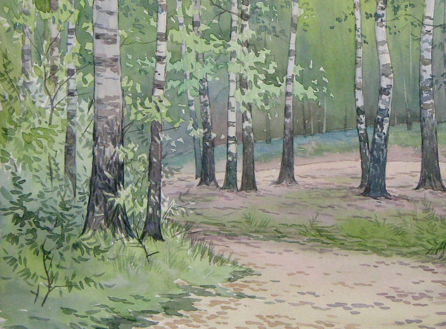 Watercolor painting Road to the birch forest Valery Savenets