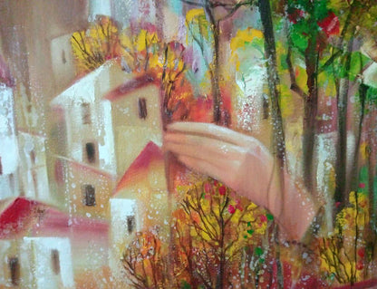 Borisovich Tarabanov's "Autumn in the City" abstract oil painting featuring urban autumn scenery.