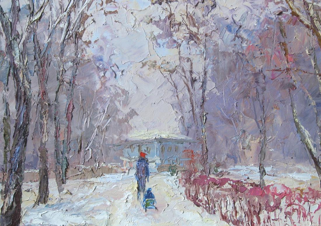 Boris Petrovich Serdyuk's oil painting capturing a "Winter Walk"