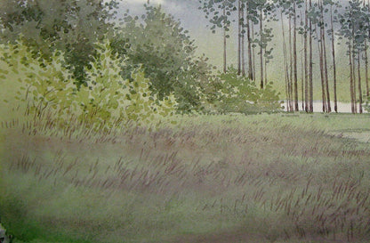 Valery Savenets portrays a pause amidst the trees in his watercolor painting titled "Forest Halt"